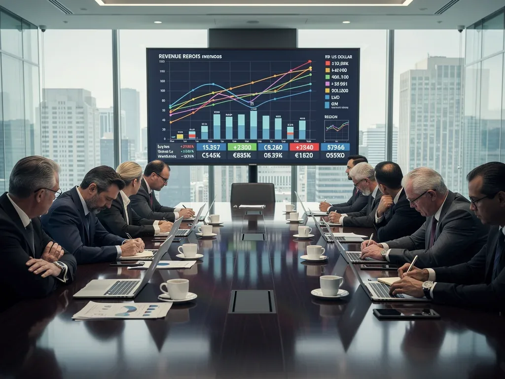 Business executives analyzing financial charts and currency exchange rates in a boardroom meeting.