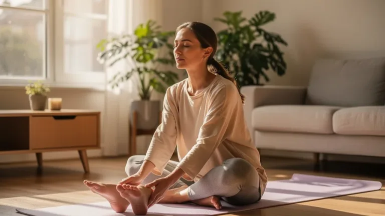Woman practicing gentle somatic movement on a mat at home