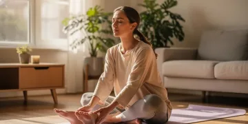 Woman practicing gentle somatic movement on a mat at home