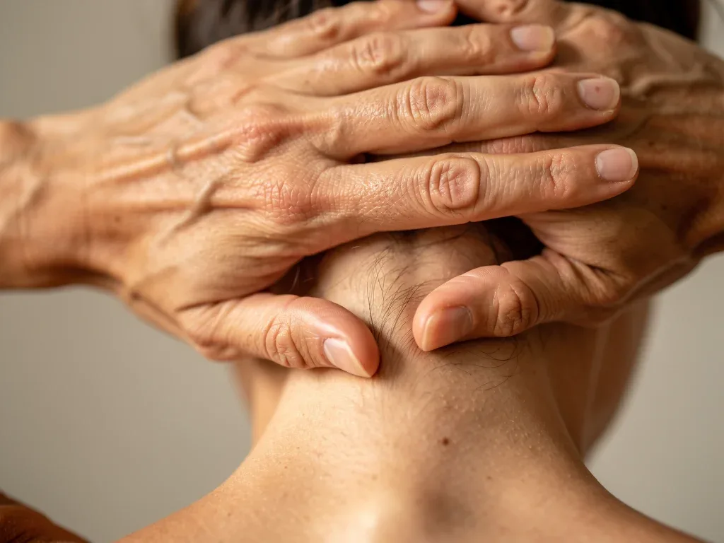 Hands guiding a gentle somatic neck movement