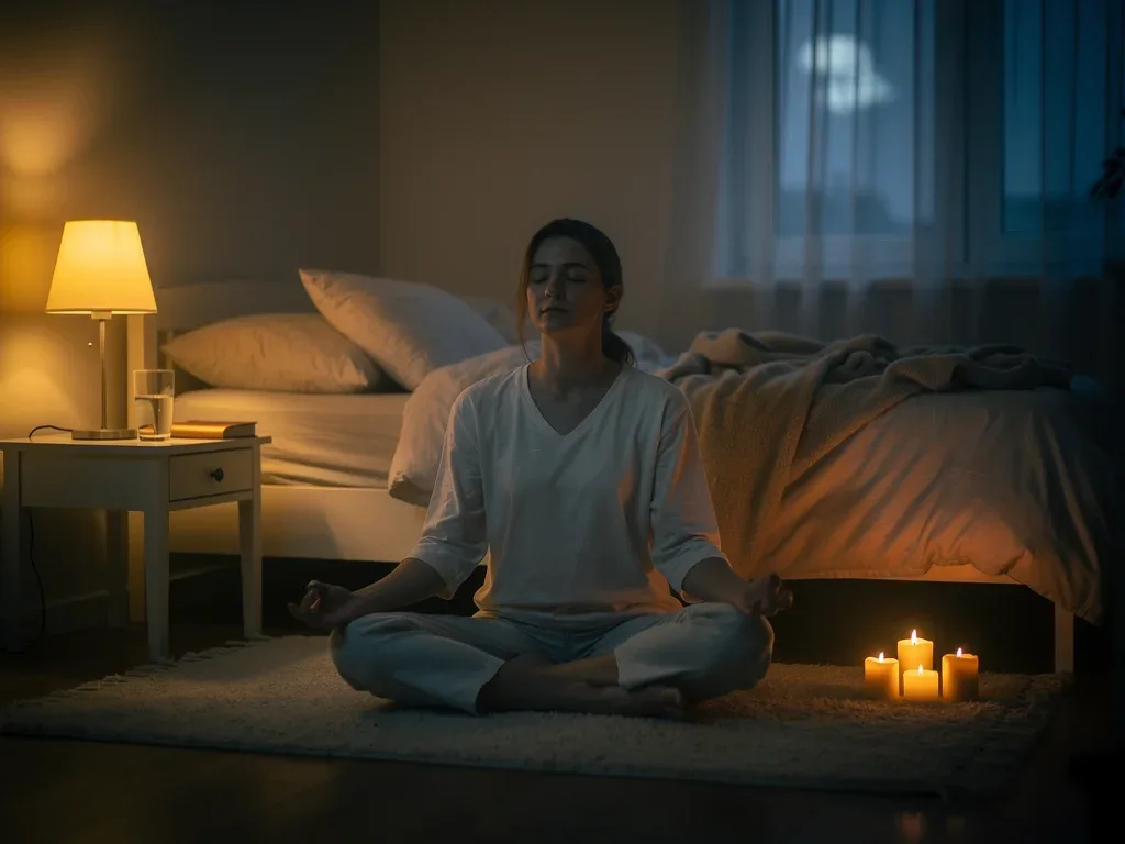 Person meditating calmly before bed, reducing stress