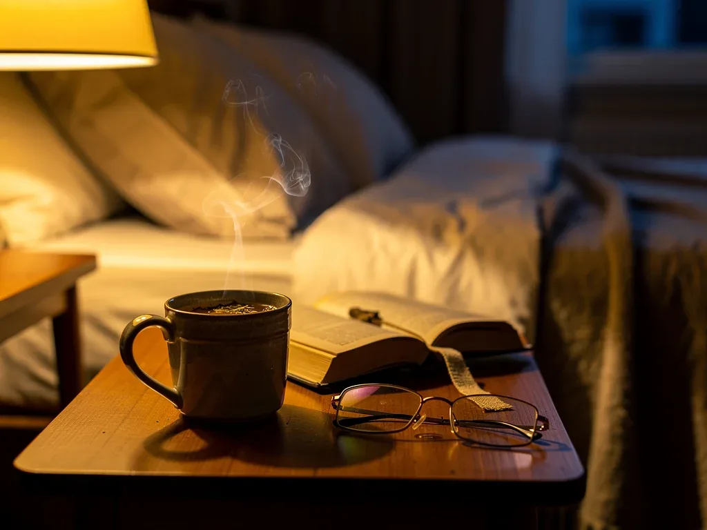 Herbal tea, book, and glasses on bedside table for relaxation