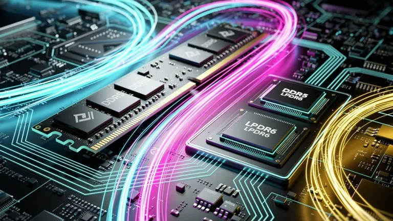 DDR5 and LPDDR6 memory modules on a circuit board, illustrating high-performance workstation memory comparison.