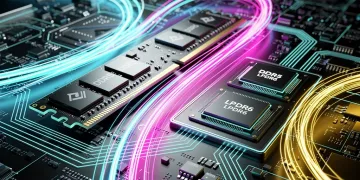 DDR5 and LPDDR6 memory modules on a circuit board, illustrating high-performance workstation memory comparison.