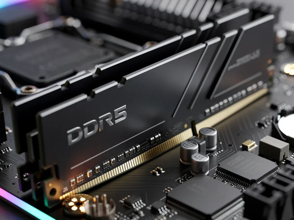 Close-up of a DDR5 memory module installed in a workstation motherboard.