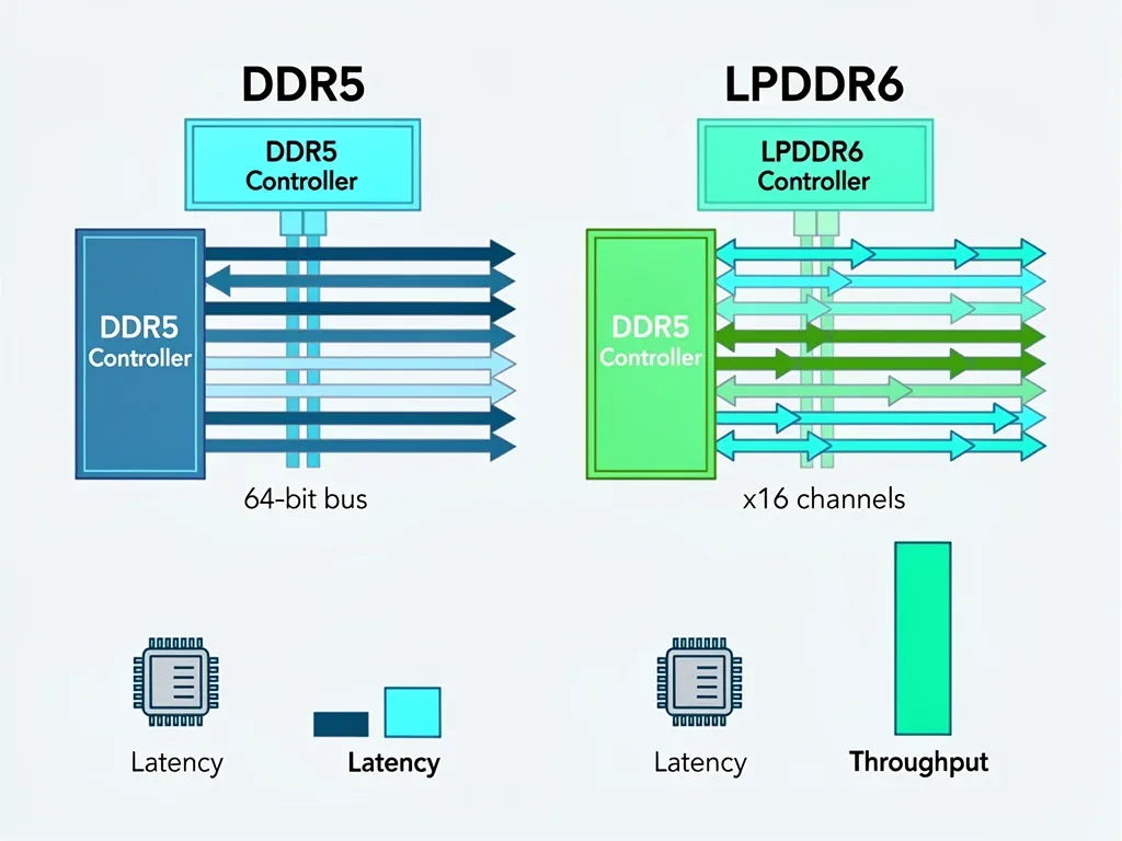 Diagram illustrating latency and throughput differences between DDR5 and LPDDR6 memory architectures.