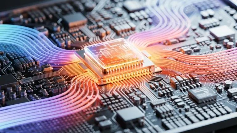Detailed view of a 3nm semiconductor chip with thermal management indicators