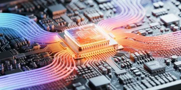 Detailed view of a 3nm semiconductor chip with thermal management indicators