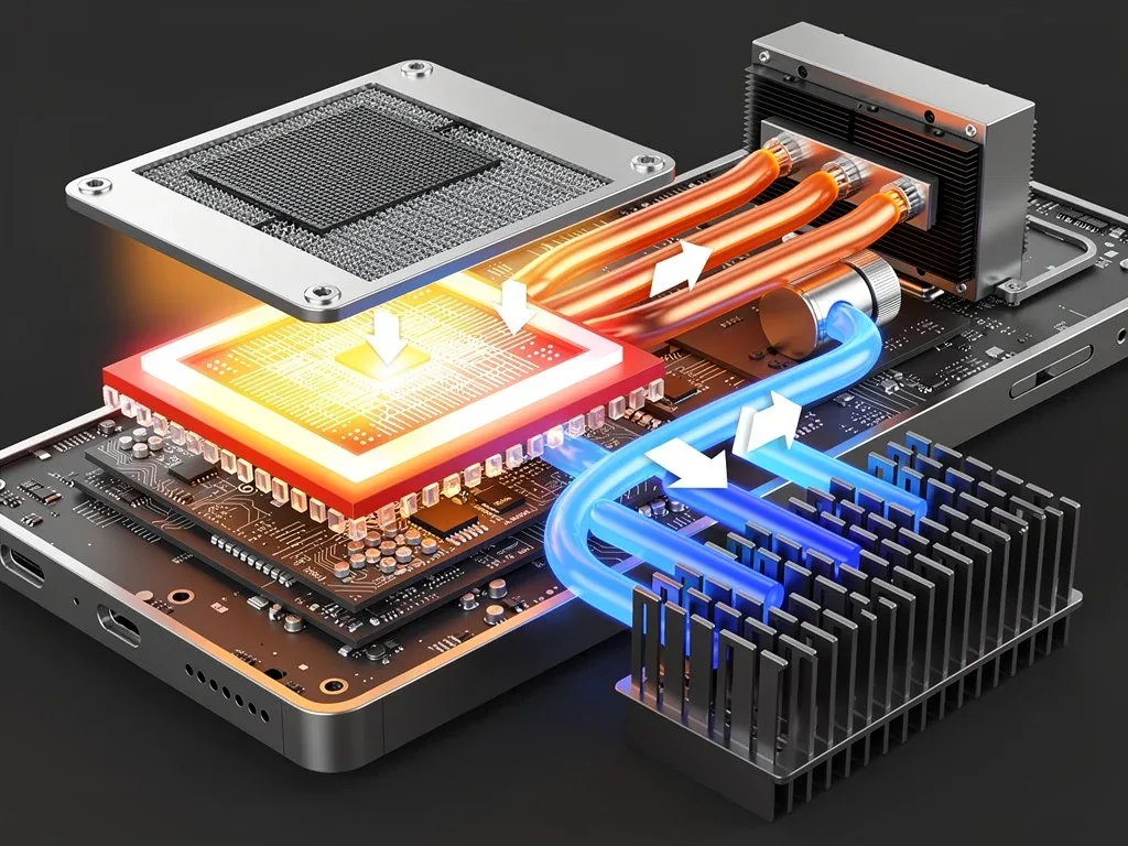Advanced cooling solutions for 3nm chips cross-section illustration