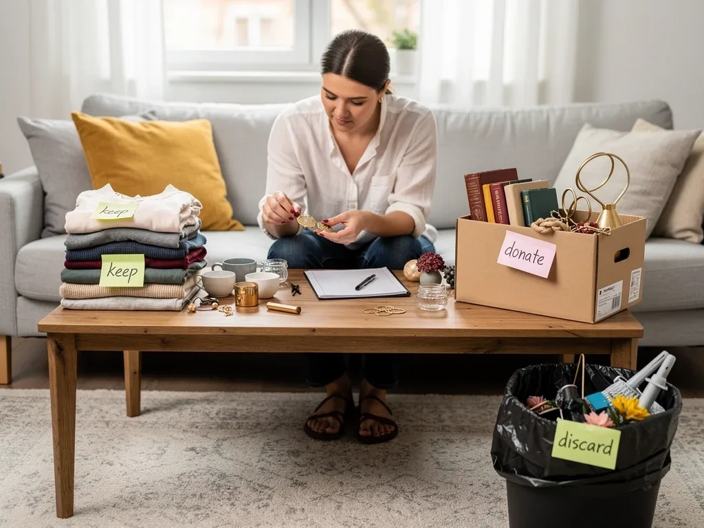 Person sorting items during decluttering process