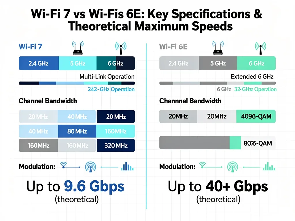 Infographic comparing Wi-Fi 7 and Wi-Fi 6E technical specifications