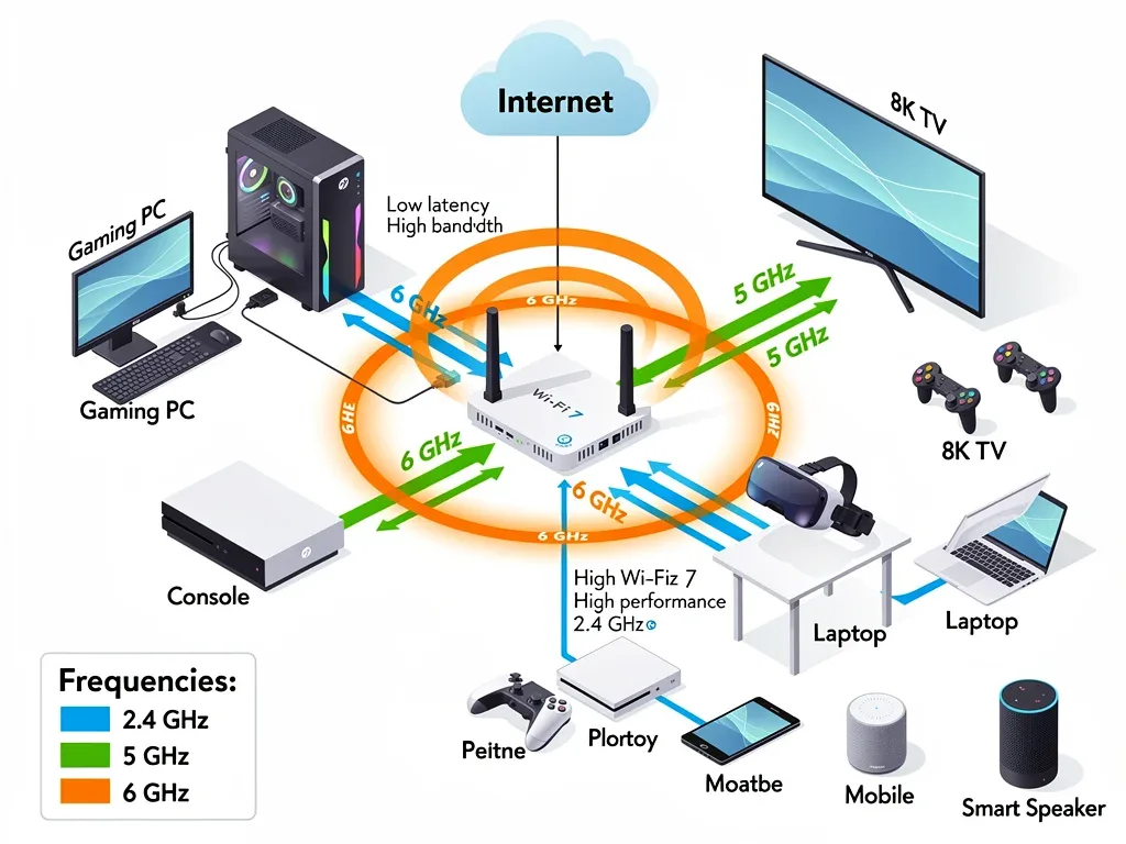 Home network diagram with Wi-Fi 7 router and high-bandwidth devices
