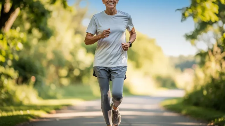 Healthy older adult enjoying a brisk low-impact walk outdoors for longevity benefits.