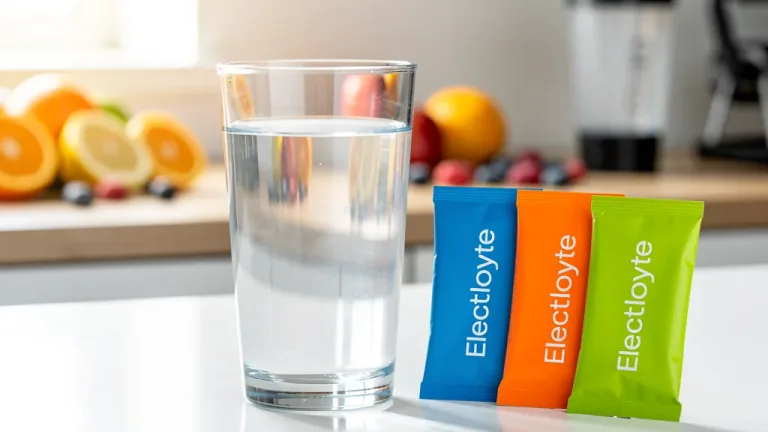 Glass of water with electrolyte packets, emphasizing balanced hydration