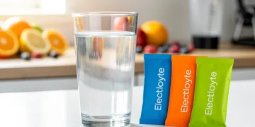 Glass of water with electrolyte packets, emphasizing balanced hydration