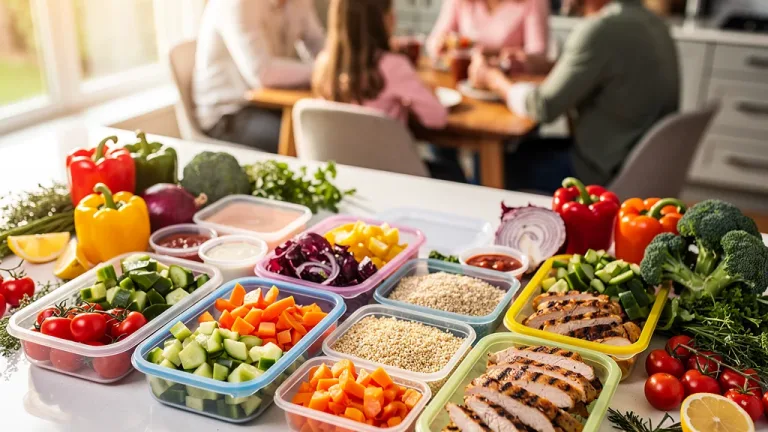 Organized meal prep containers and fresh ingredients on a kitchen counter, symbolizing modern meal prep mastery and reclaimed family time.