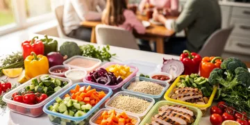 Organized meal prep containers and fresh ingredients on a kitchen counter, symbolizing modern meal prep mastery and reclaimed family time.
