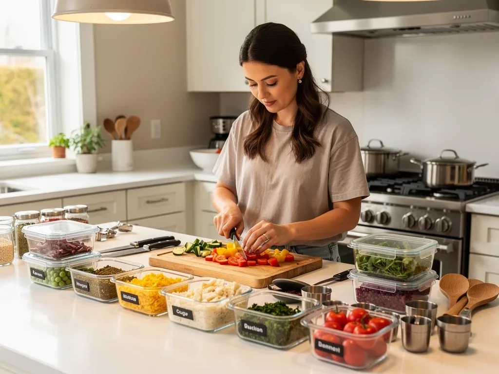 Parent efficiently chopping vegetables during a batch cooking session for meal prep.