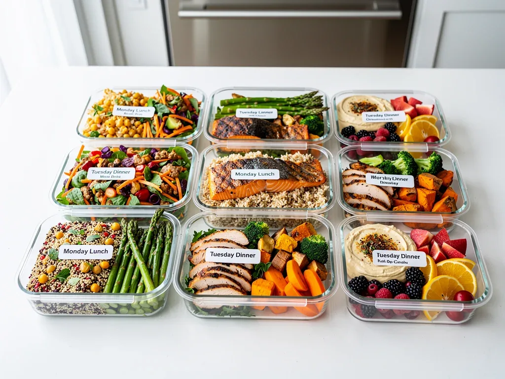 Variety of prepared meals neatly arranged in containers, ready for modern meal prep.