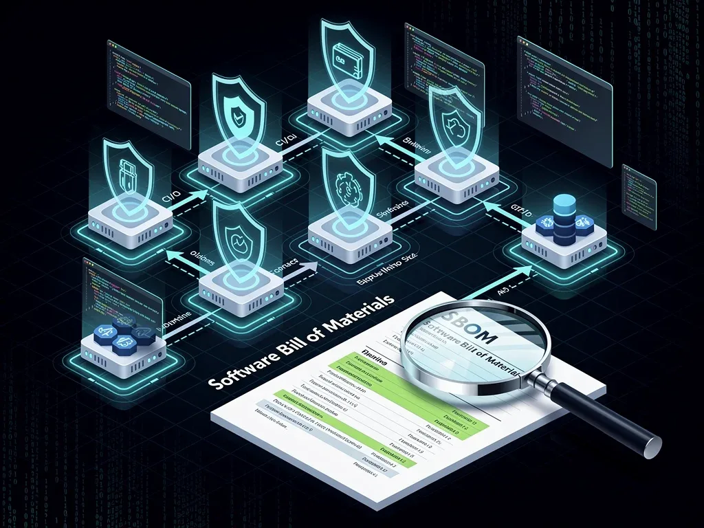 Complex software supply chain with security shields and SBOM audit