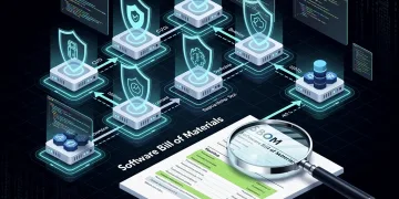 Complex software supply chain with security shields and SBOM audit