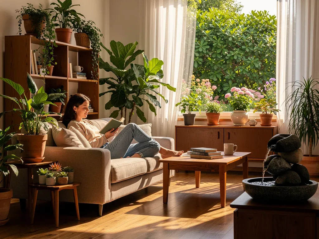 Living room with biophilic design, plants, natural light, and wooden accents for mood enhancement.