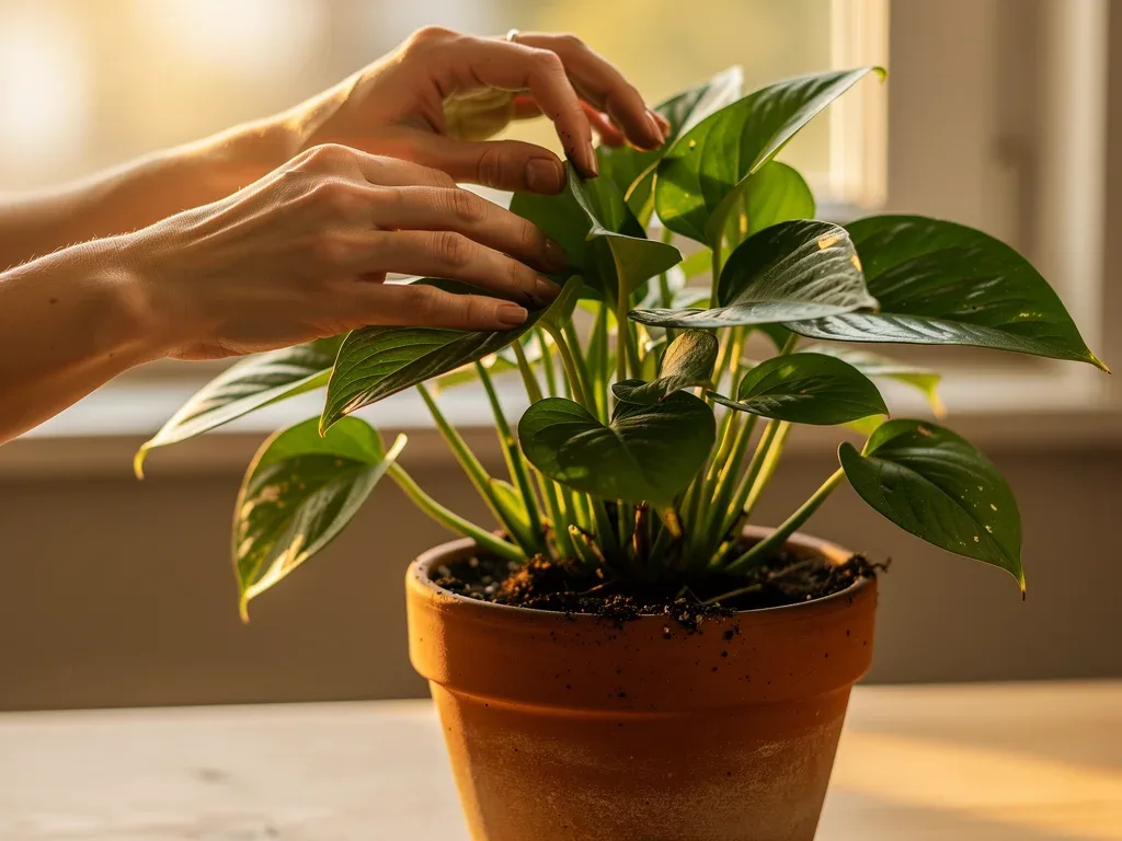 Hands repotting a houseplant, connecting with nature indoors.