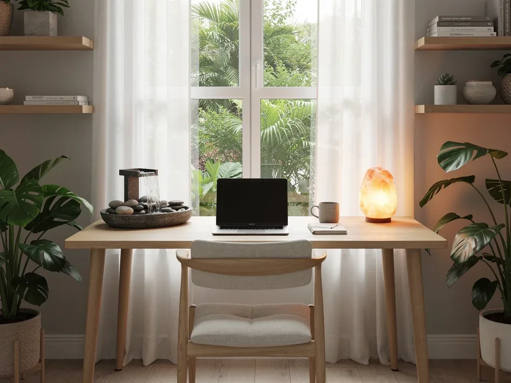 Biophilic home office with water feature, natural light, and wood.